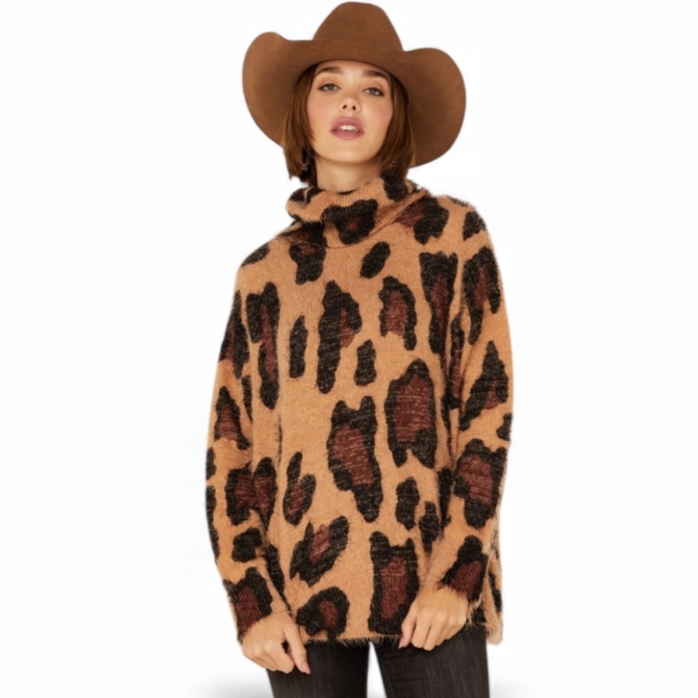 Show Me Your MuMu Women’s Fatima Turtleneck Sweater Cheetah Fever Knit Size XS